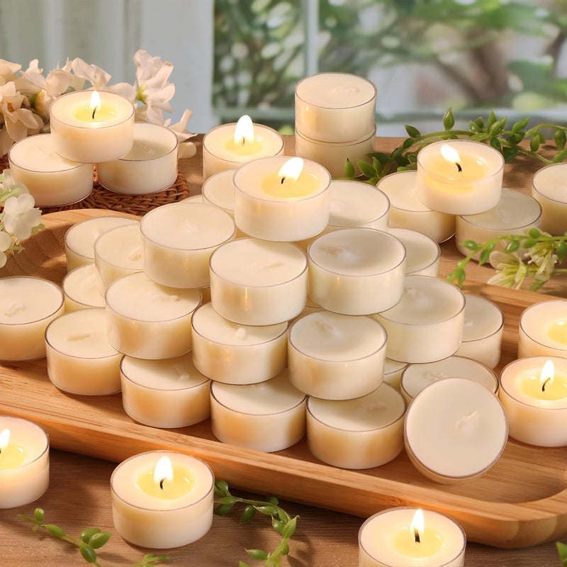 Devi 6 Hour Soy Tea Lights Candles 50 Pack, Unscented Long Burning Tea Lights Bulk, White Small Votives-Burn Clean, Non-Paraffin Soy Candles for Wedding Party Centerpiece, - Image 1